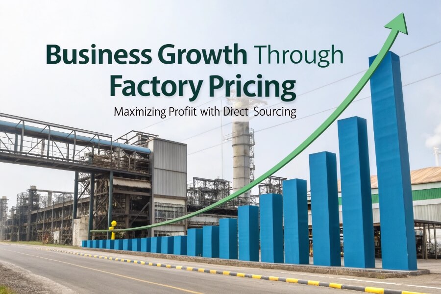 Factory Pricing Fuels Long-Term Business Success A growing bar graph with factories in the background