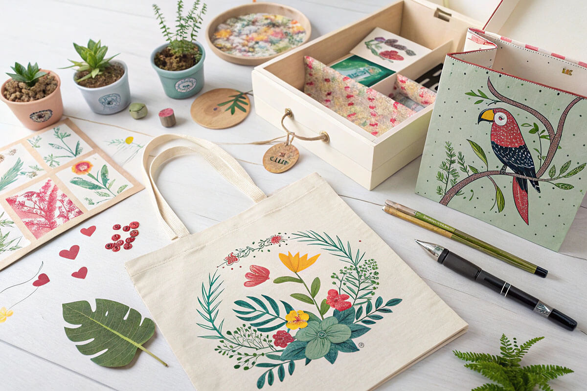 Custom Product Variety Made Accessible with Ultra-Low MOQ Flat-lay of various custom products like stickers, boxes, and tote bags
