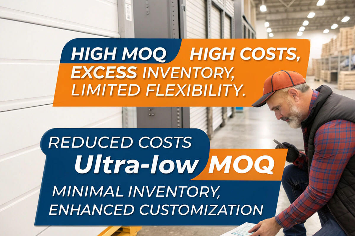 Ultra-Low MOQ: A Cost-Effective Solution for Startups Infographic comparing high MOQ vs. ultra-low MOQ with key benefits