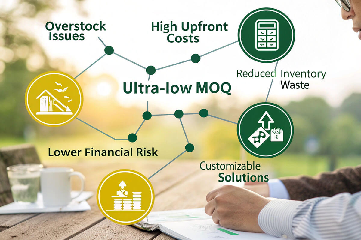 How Ultra-Low MOQ Addresses Business Pain Points Conceptual graphic showing ultra-low MOQ solving business challenges